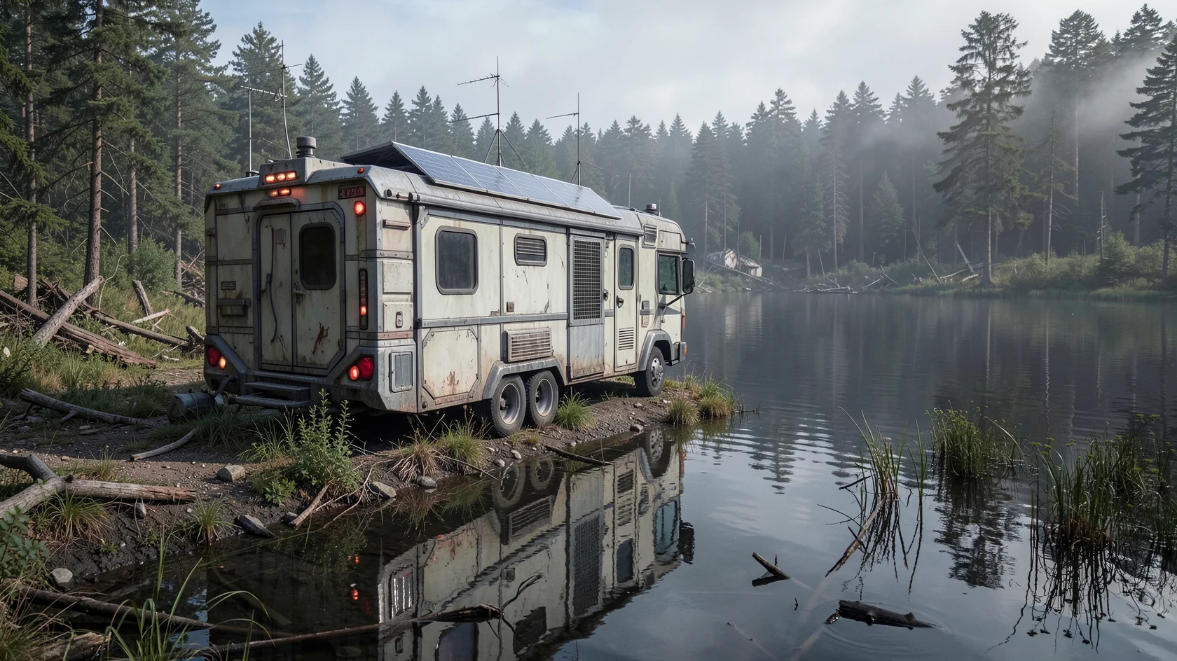 Camper scene expanded beyond the original frame with FLUX Outpainting