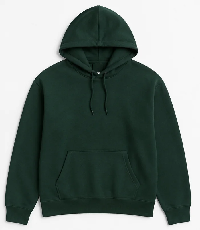 Green hoodie supplied as the garment reference