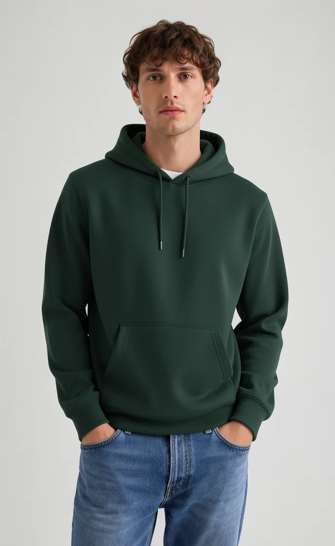 Synthetic character wearing the referenced green hoodie after FLUX Virtual Try-On