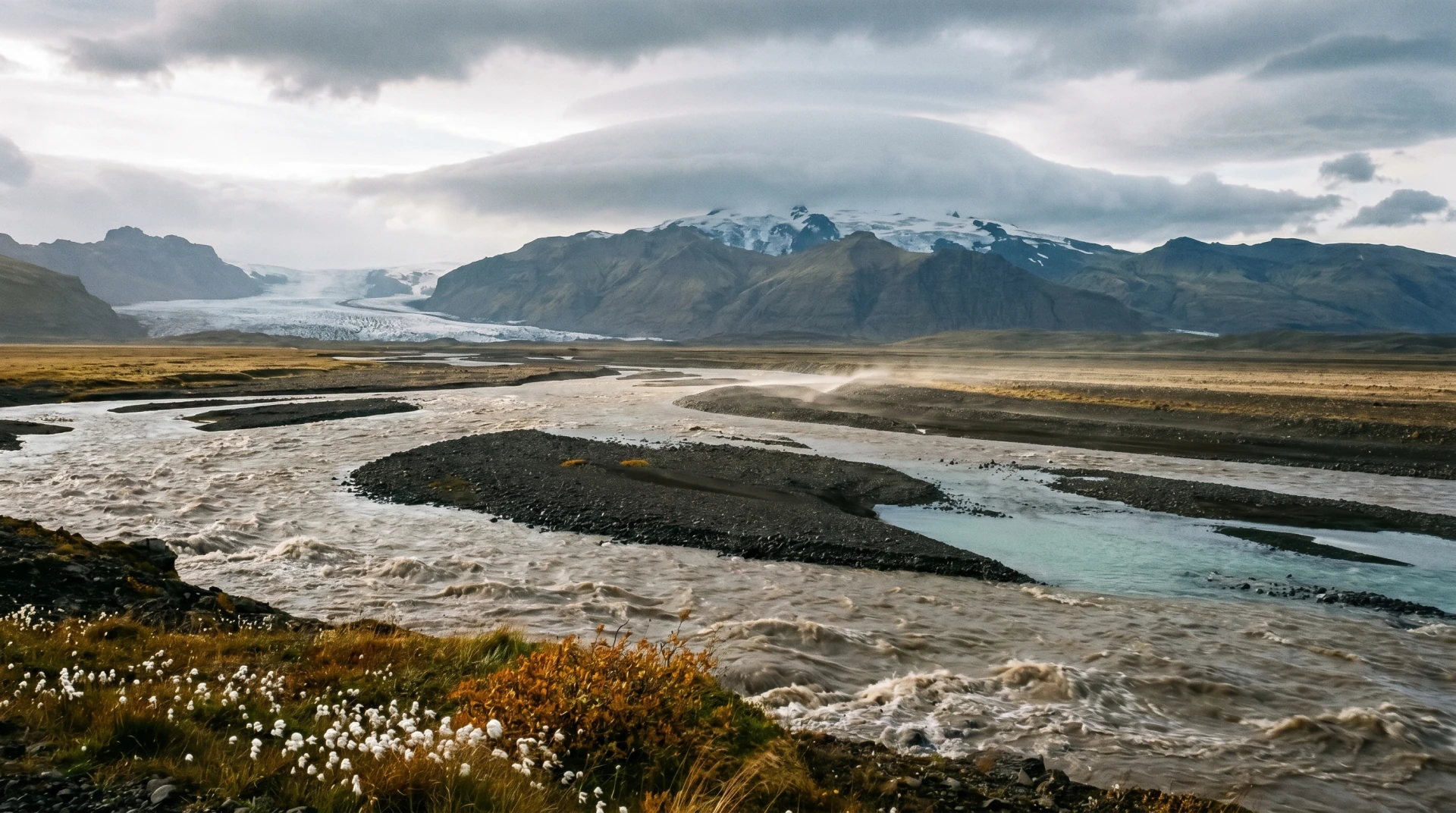 A glacial river winding through an Icelandic mountain valley