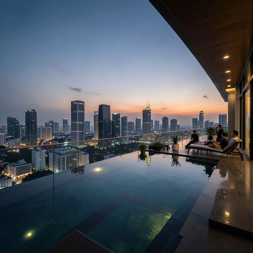 An infinity pool overlooking a city at dusk