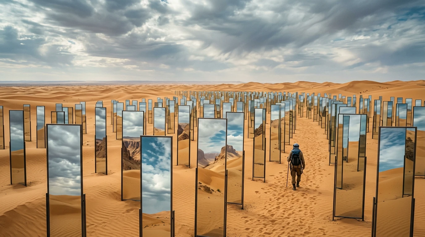 A traveler walking among mirrors in a desert