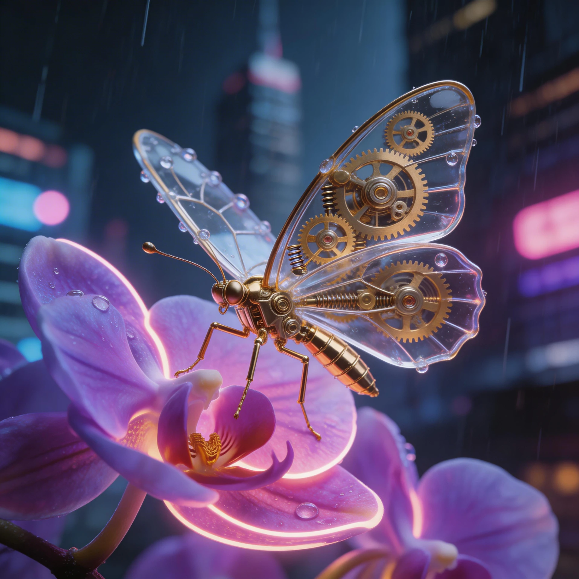 A mechanical butterfly on a glowing orchid
