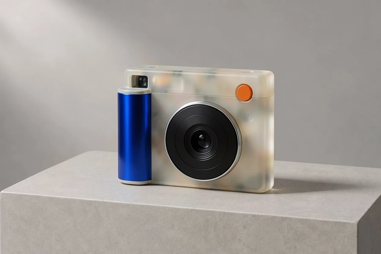 Same instant camera with a translucent shell and cobalt metal grip