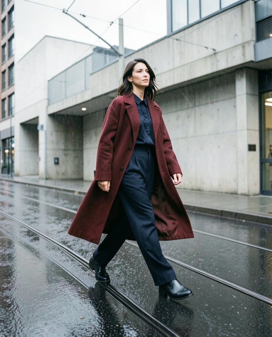 Fictional adult model in a long red coat crossing wet tram tracks