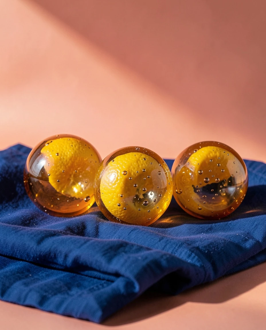 Three oranges enclosed in transparent amber glass on cobalt fabric