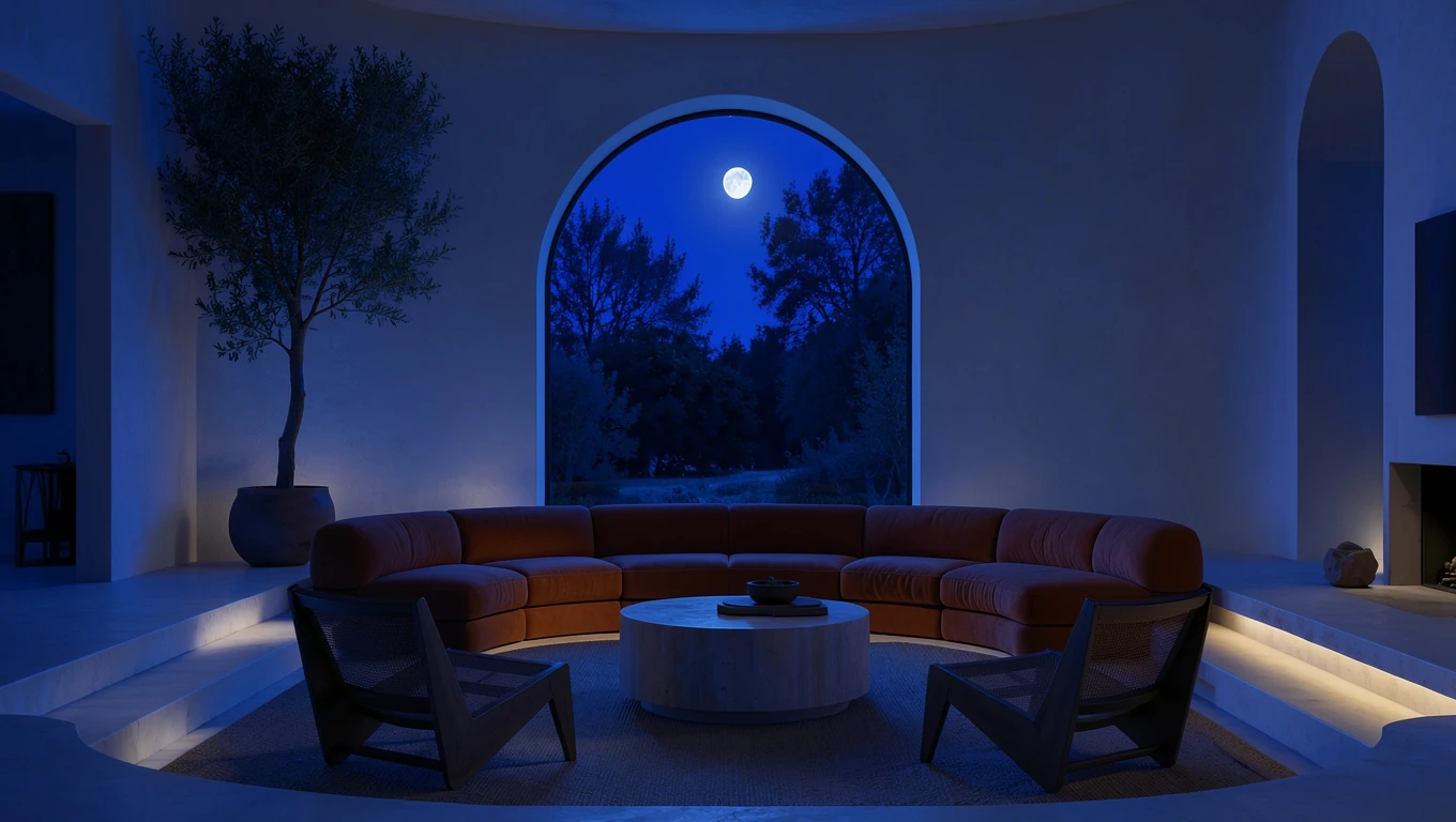 Same living room at night with blue moonlight and concealed lighting