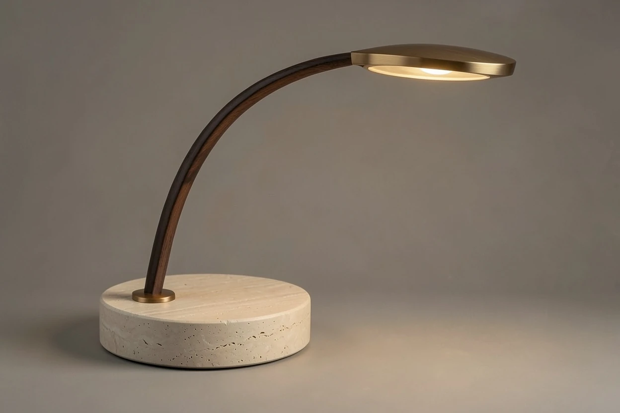 Photoreal curved lamp with a travertine base, walnut arm, and bronze light