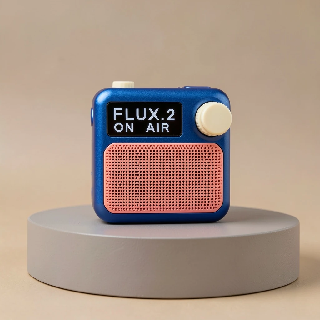 Compact cobalt radio with coral grille and correctly rendered FLUX.2 display