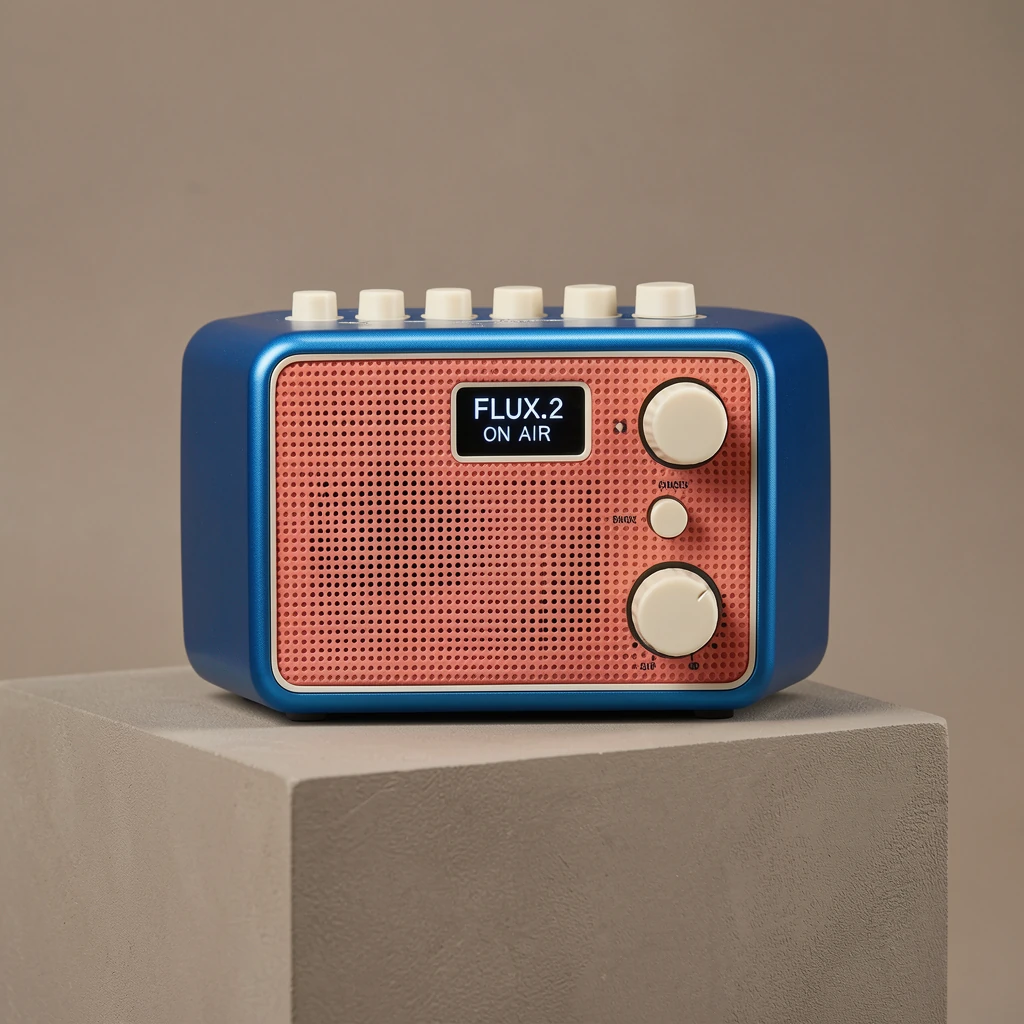 Detailed cobalt radio with coral grille and FLUX.2 ON AIR display