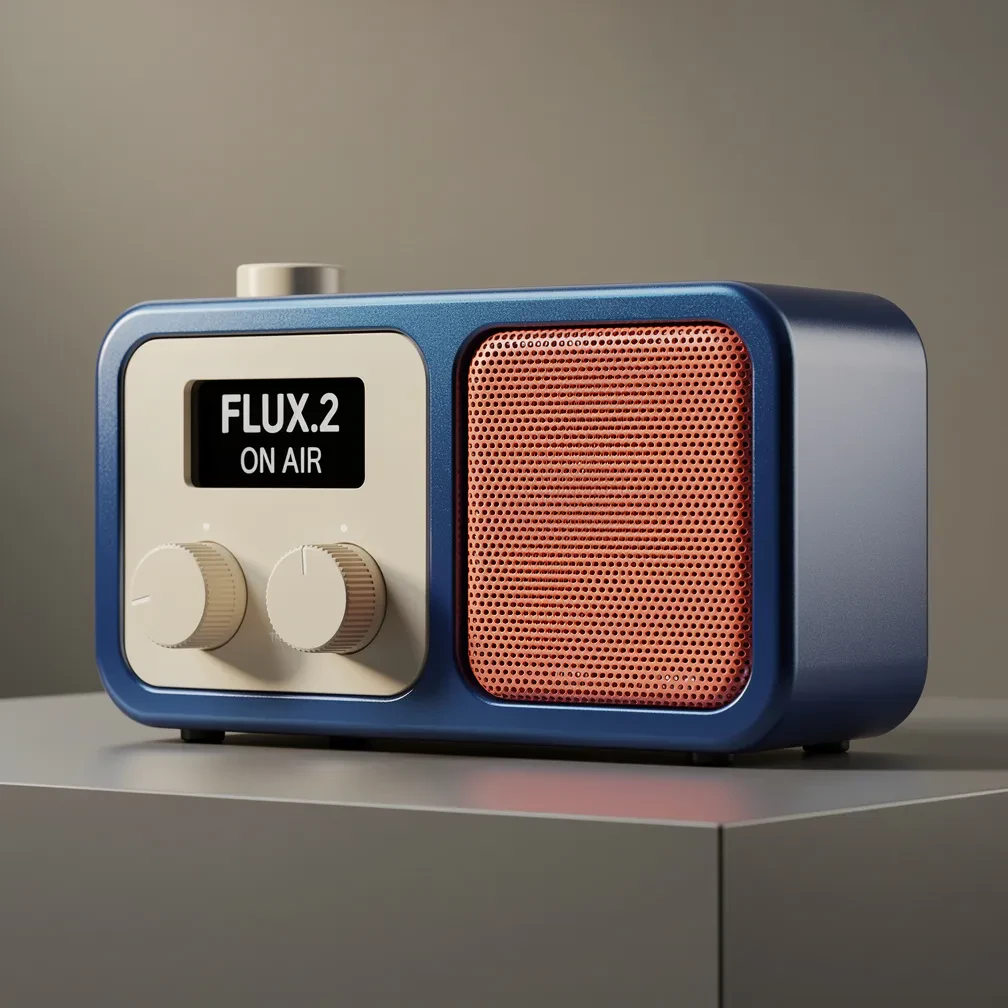 Premium cobalt radio with coral grille and correctly rendered FLUX.2 display