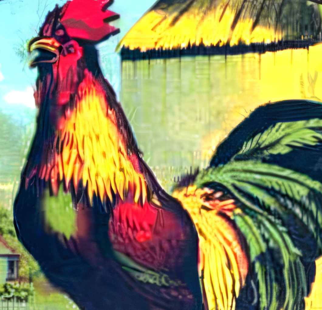 The rooster upscaled 4x with Topaz Text & Shapes, crop at 100%
