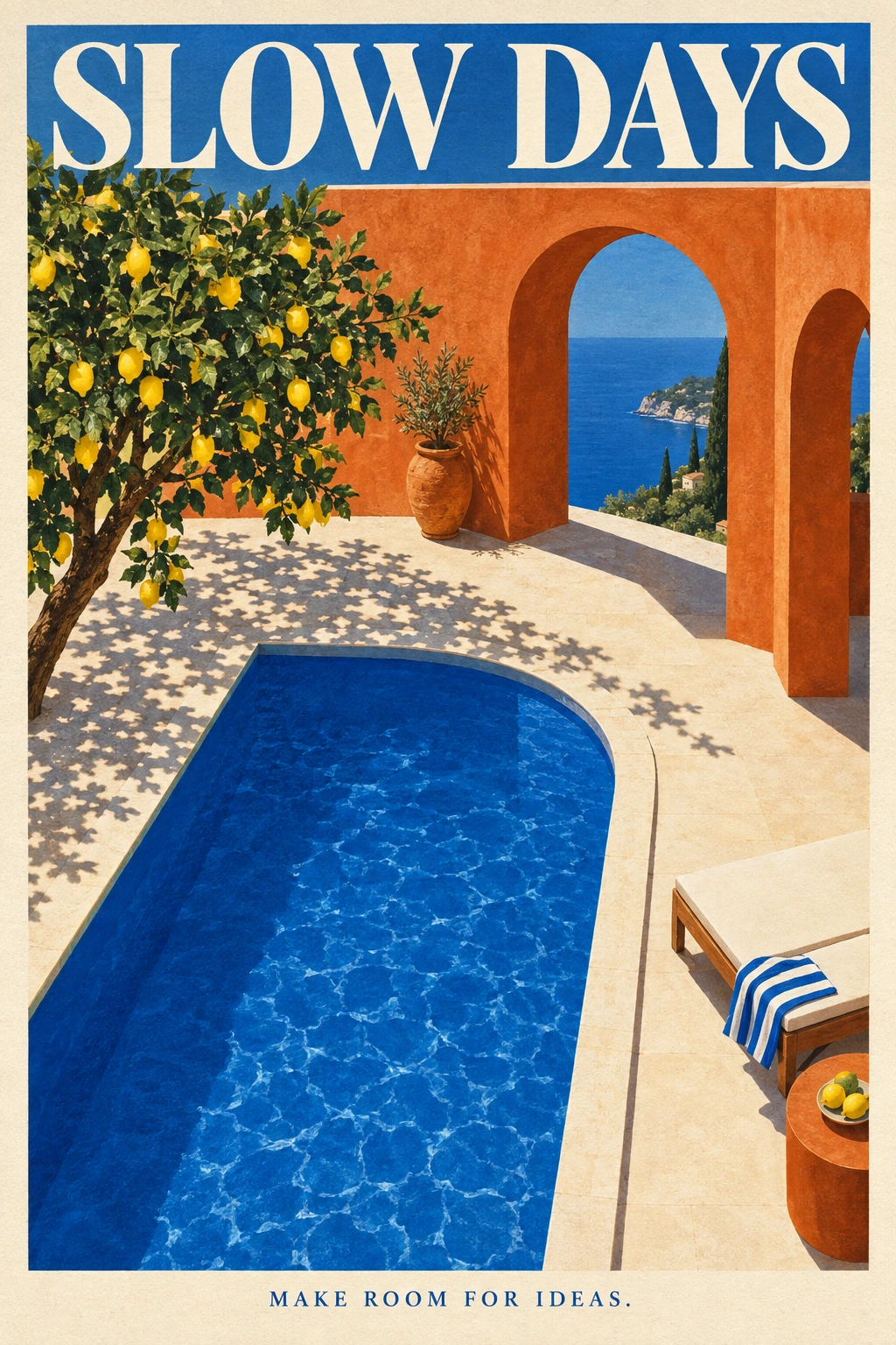 SLOW DAYS travel poster with a cobalt pool and terracotta arches