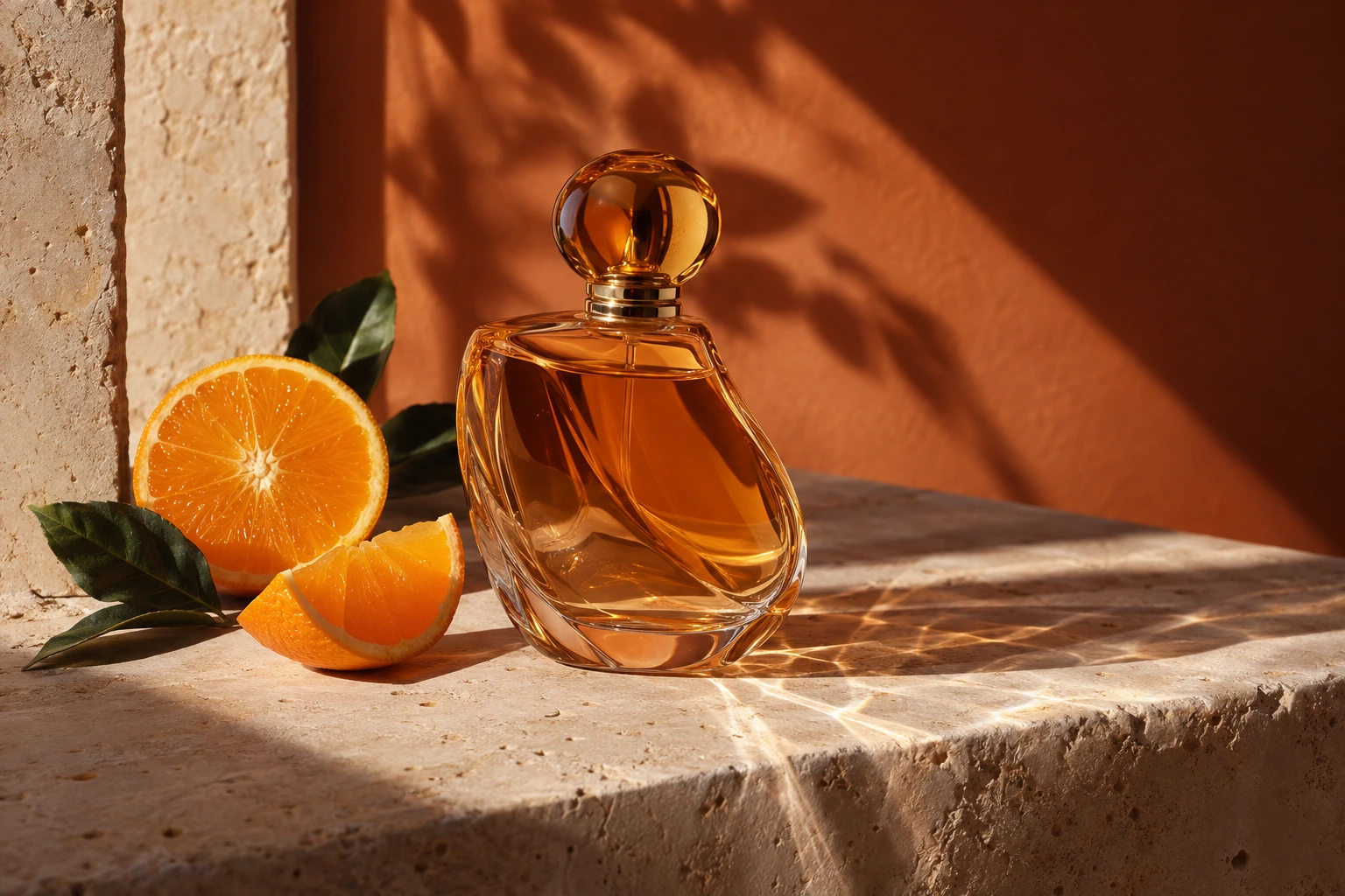 Amber perfume bottle with oranges in warm sunlight
