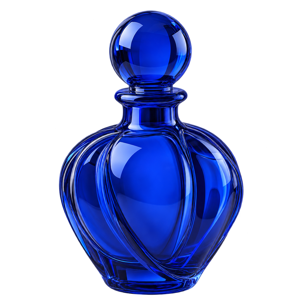 Cobalt blue glass perfume bottle with a transparent background