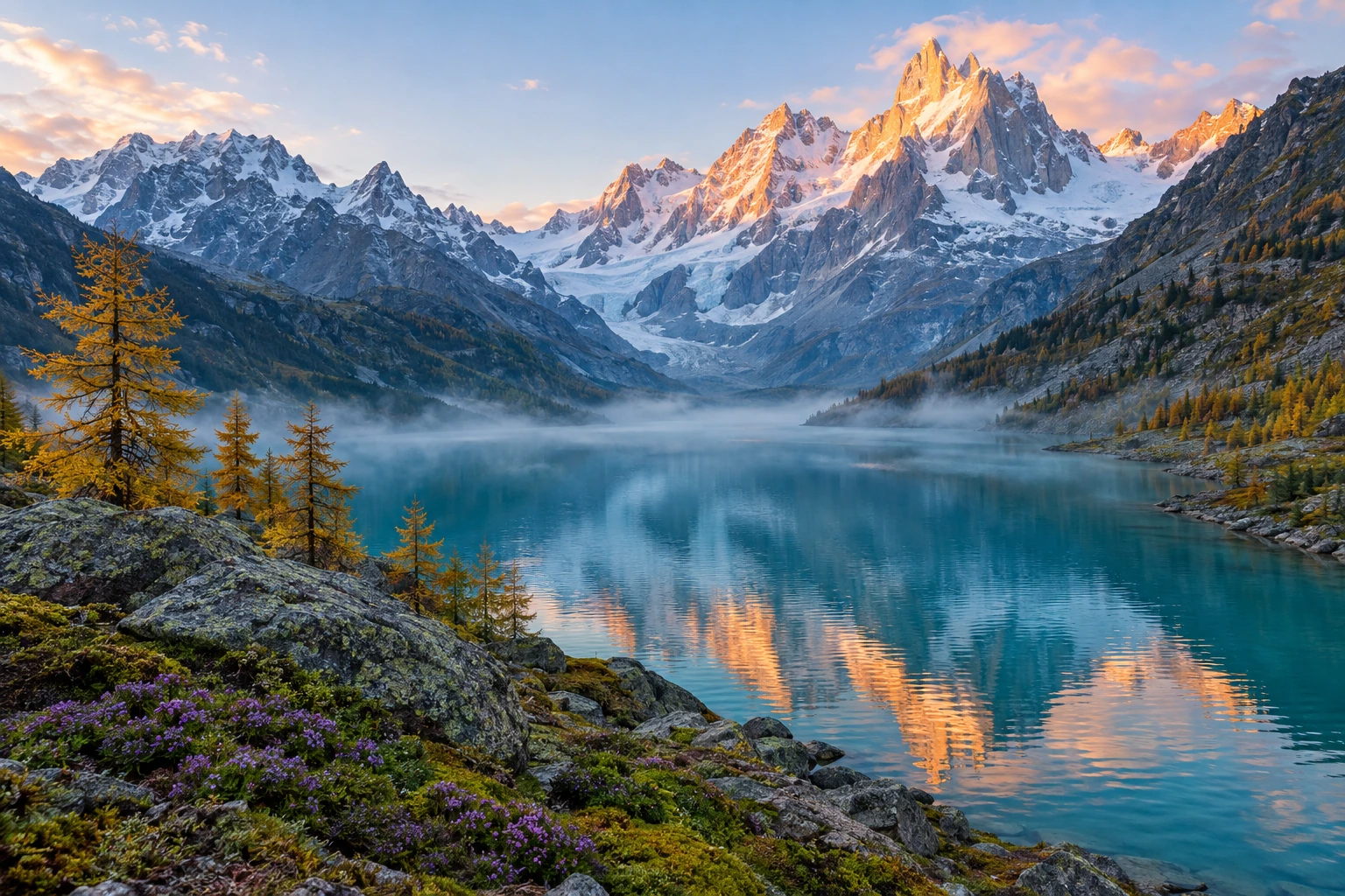 Turquoise alpine lake beneath snow-capped mountain peaks glowing in the sunrise