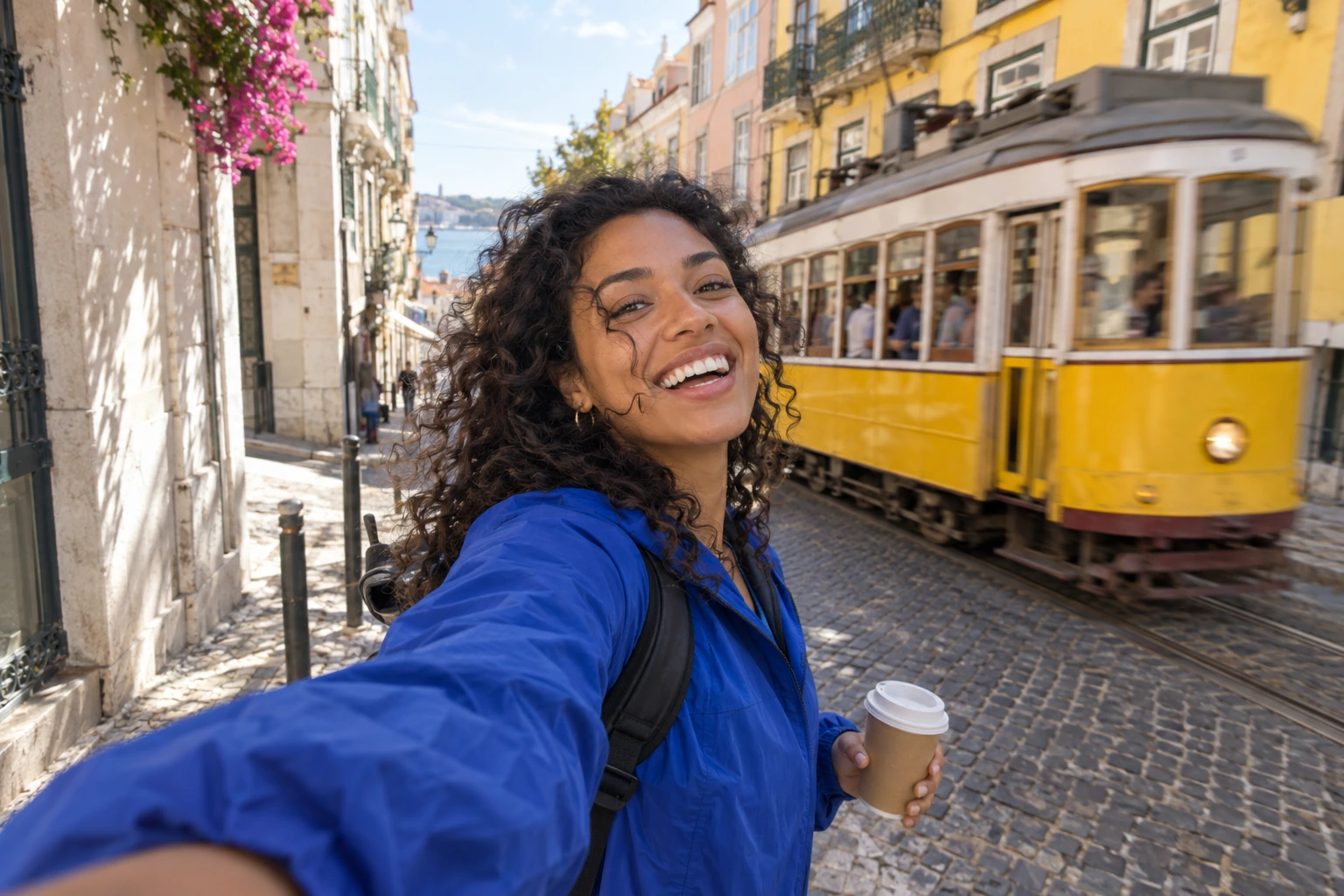 Fictional travel creator smiling into a handheld camera beside a passing yellow tram in Lisbon