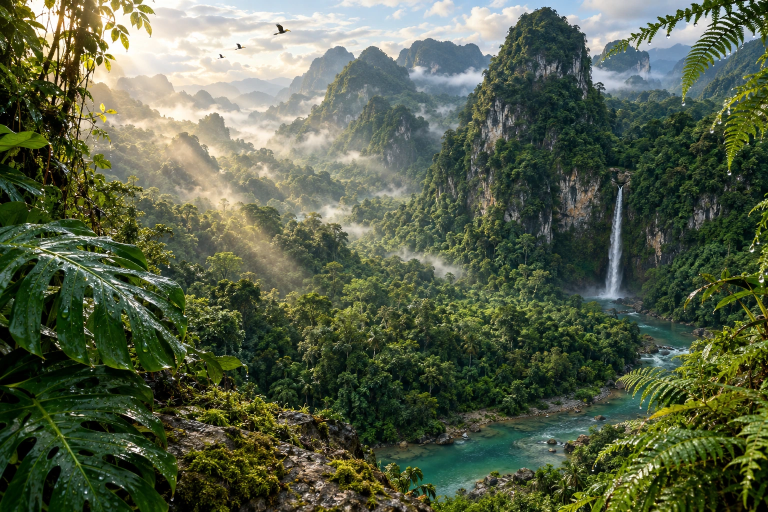 Lush tropical mountain forest with a waterfall, jade river and mist above the canopy