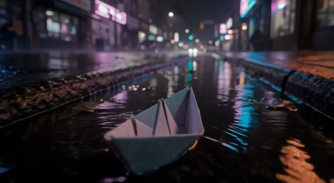 A paper boat in the neon rain
